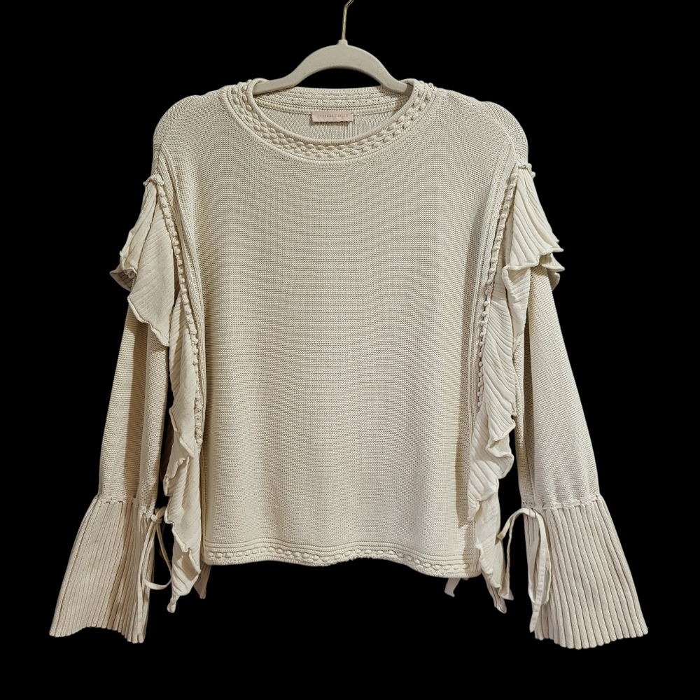 Rebecca Taylor Sweater M Cream Cotton Ruffles Flare Tie Sleeves Victorian Boxy